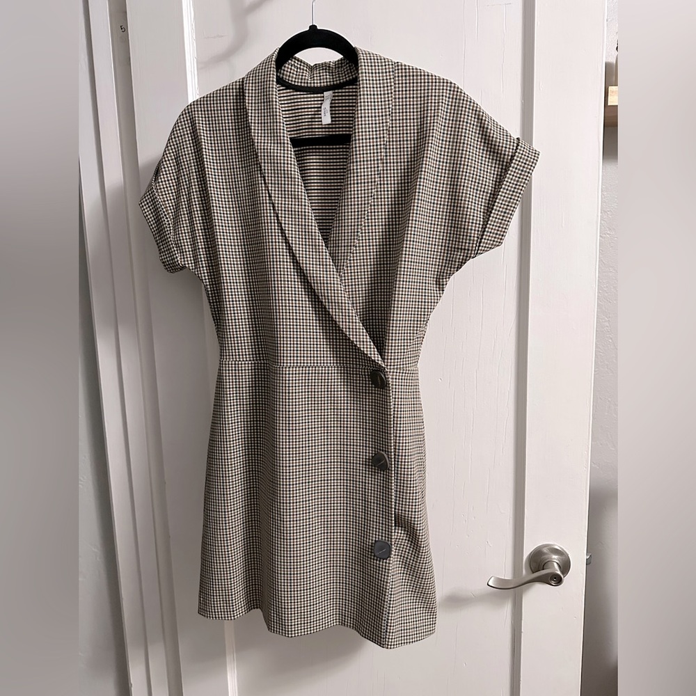 Mango check mini shirt dress, short sleeve, US 6, beige, brown, blue